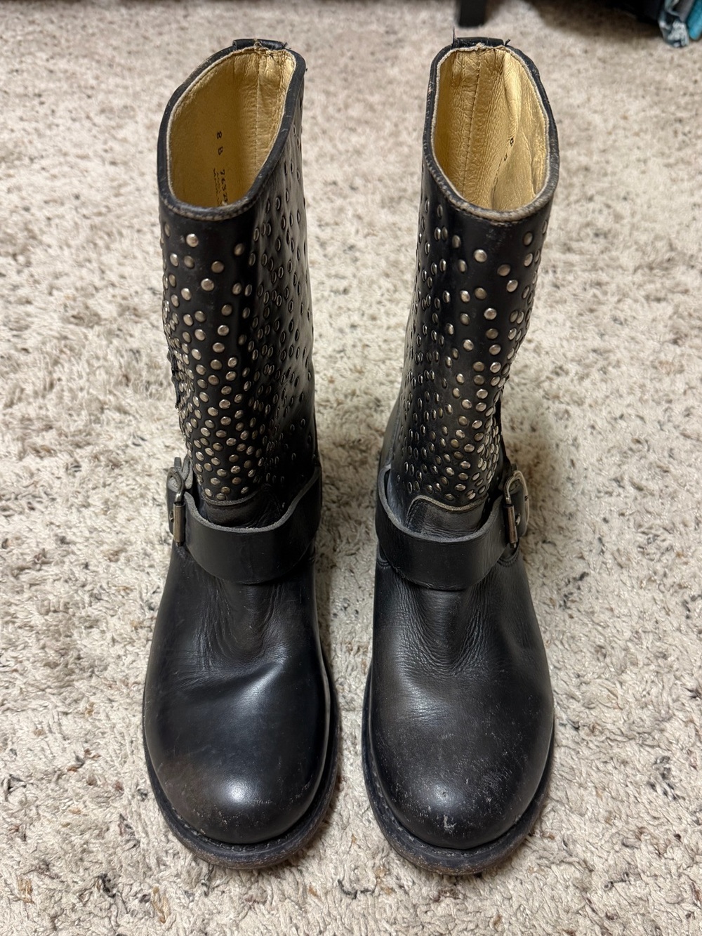 Frye Black Leather Studded Skull Boots - Picture 2 of 9